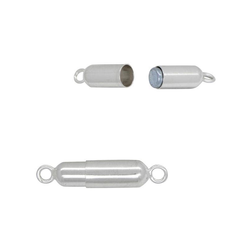 May include: Silver magnetic clasp for necklaces or bracelets. The clasp is made of two pieces that connect magnetically. The clasp is about 1 inch long.