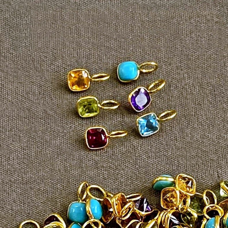 18k Gold Square Gemstone Charm 4x4mm 4mm Ring / 3.25mm Hole Natural Swiss Blue Topaz Amethyst Rhodolite Citrine Peridot Turquoise image 5