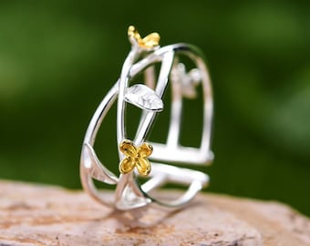 Osmanthus Fragrance Flower Ring • Sterling Silver / 18k Yellow Gold Plated Silver • Adjustable • Floral Forest  Leaf Nature Jewellery