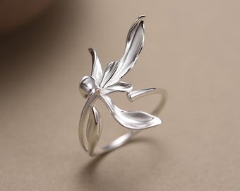 Silver Orchid Flower Ring • Adjustable Bypass Open Size • Sterling Silver Stamped 925 • Tariff Free Delivery to USA