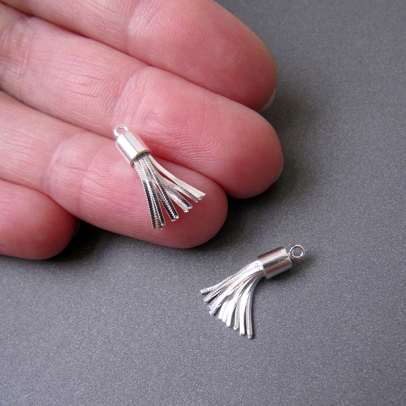 May include: Two small, silver-colored tassel charms. Each charm has a cylindrical top with a small loop and multiple strands of silver material hanging down. The charms are displayed against a gray background.