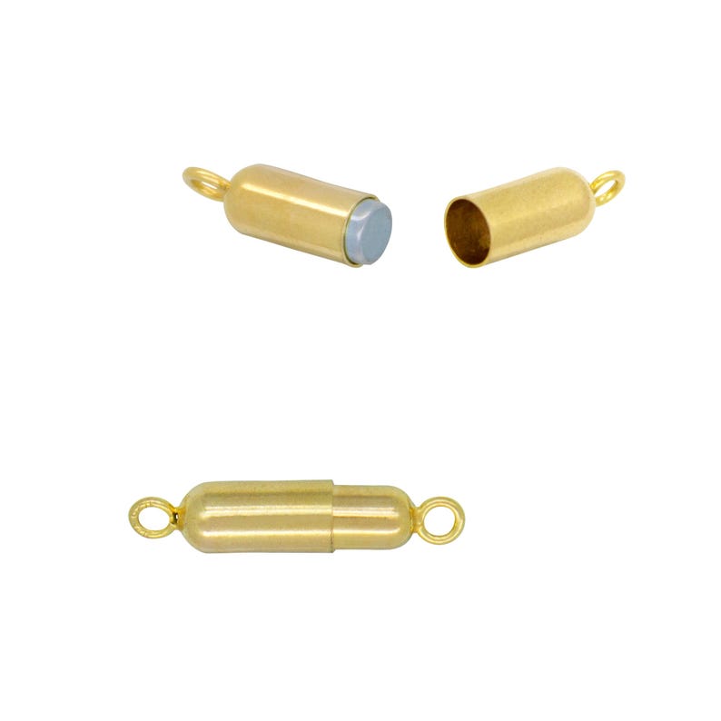 May include: Gold-toned magnetic clasp for jewelry making. The clasp is made of two pieces that connect magnetically. The clasp is about 1 inch long.