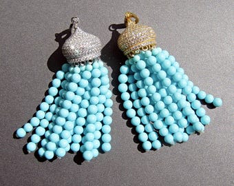 Turquoise Tassel Pendant in Sterling Silver / Gold Plated • Light Blue • Sparkling CZ • WONDERFUL Chubby Tassels for Necklace Tariff Free US