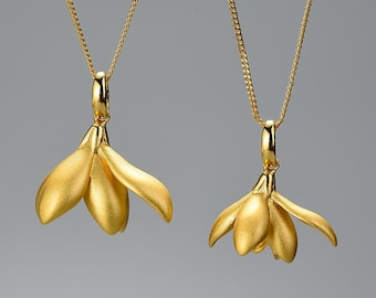 Gold Magnolia Pendant (Big or Small) with Chain Necklace • 18k Gold Plated Sterling Silver Curb Chain 18 inch • Floral Flower Charm Necklace