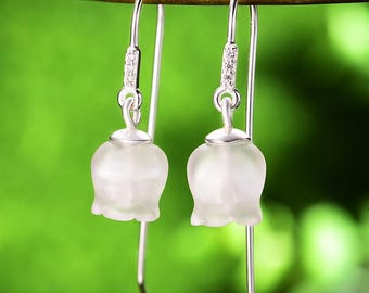 Bluebell Flower Earrings in Sterling Silver • Frosted Rock Crystal • Tariff Free Delivery to USA