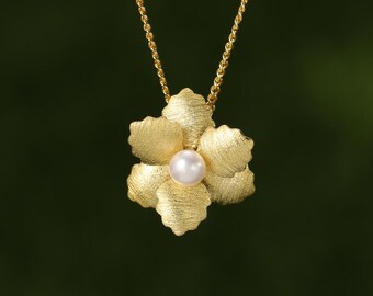 Pearl Flower Pendant Necklace in Gold Plated Sterling Silver • Curb  Chain • Vermeil Botanical Organic Floral Jewelry • Tariff Free to USA