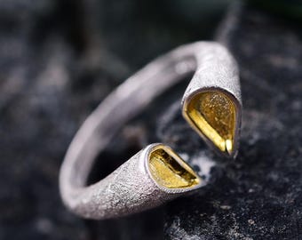 Gold Plated Silver Tois Et Mois Ring • Adjustable Bypass Open Heart Ring • Sterling Silver 925 • Brushed Rustic Finish