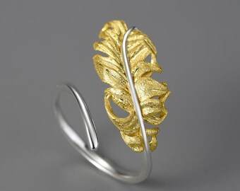 Gold Plated Silver Feather Ring • Adjustable Bypass Ring • Sterling Silver 925 • Statement Cocktail Jewellery Gift