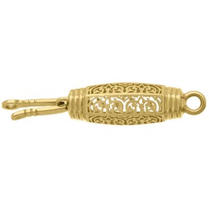 Peut inclure: Fermoir filigran&eacute; dor&eacute; avec un centre en forme de barillet et une boucle &agrave; une extr&eacute;mit&eacute;. Le fermoir pr&eacute;sente un motif ajour&eacute; d&eacute;taill&eacute; et deux broches pour une fermeture s&eacute;curis&eacute;e. Ce composant de bijouterie est id&eacute;al pour les colliers et bracelets.