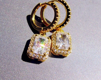 Moissanite Hoop Earrings with Dangle Charm in Gold Plated Silver • 1ct Top Grade Certified VVS1 Lab Grown Diamonds • MEGA SPARKLING