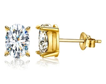 Moissanite Stud Earrings in Gold Plated Sterling Silver • 1 Carat 7x5mm Oval • 1 Pair • Certified VVS1 Lab Grown Diamonds • MEGA SPARKLING