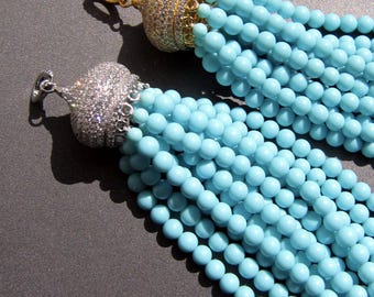 Long Turquoise Tassel Pendant Silver 925 • Rhodium / Gold Plating • Light Blue Composite Turquoise• Sparkling CZ • Tariff Free to USA