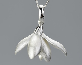 Silver Magnolia Pendant (Big or Small) with Chain Necklace • Sterling Silver Curb Chain 18 inches Adjustable • Floral Flower Charm Necklace