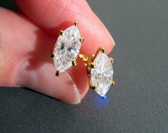 Moissanite Marquise 6-Prong Stud Earrings in Gold Plated Sterling Silver • 1 Pair • Certified VVS1 Lab Grown Diamonds • MEGA SPARKLING