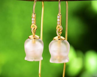 Bluebell Flower Earrings in Gold Plated Sterling Silver • Frosted Rock Crystal • Tariff Free Delivery to USA