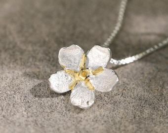 Forget Me Not Pendant Charm with Chain Necklace in Sterling Silver with 18k Yellow Gold Plating • Tariff Free Delivery to USA