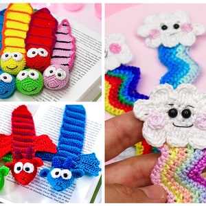 Può includere: Un set di segnalibri all'uncinetto colorati con diversi disegni di animali e tempo. I segnalibri sono realizzati con una varietà di colori, tra cui verde, rosso, blu, giallo e rosa. Ogni segnalibro ha un viso carino con occhietti sporgenti e un sorriso.