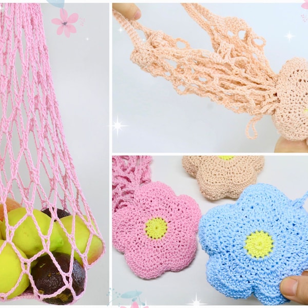 Crochet Pattern - Flower Shopping Net with Storage Bag