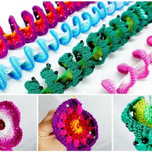 May include: A set of four crocheted spiral garlands in different colors, including pink, green, blue, and purple. Each garland is made with a variety of stitches and features small black beads. The garlands are displayed on a white background.
