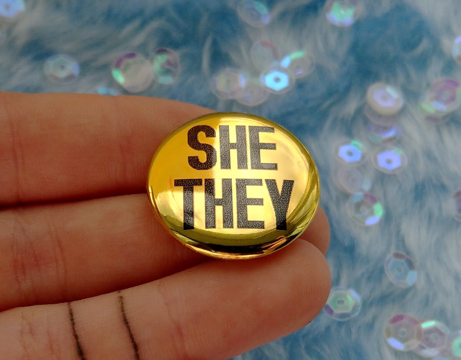 Gold She They Badge Trans and Non Binary Pronoun Pins - Etsy