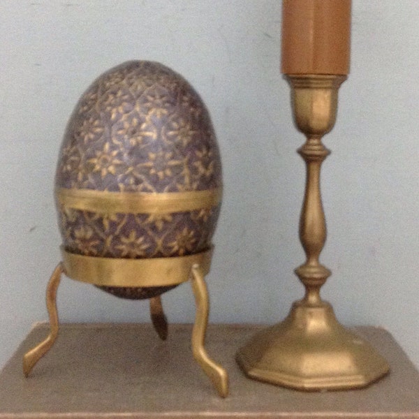 Brass and Enamel Egg with stand       Brass Egg Trinket Box     Brass Stash Box    1970s Decor    Decorated Egg with Stand