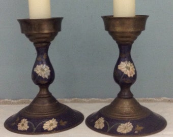 Brass and Enamel Candleholder Pair     Blue and Gold Candleholder   70s Candleholder Set     Cobalt Blue Candleholder     Retro Home Decor