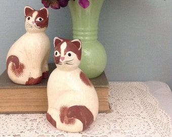 Folk Art Cat Figurine Pair     Brown And White Cat Figurine      Tabby Cat Statue