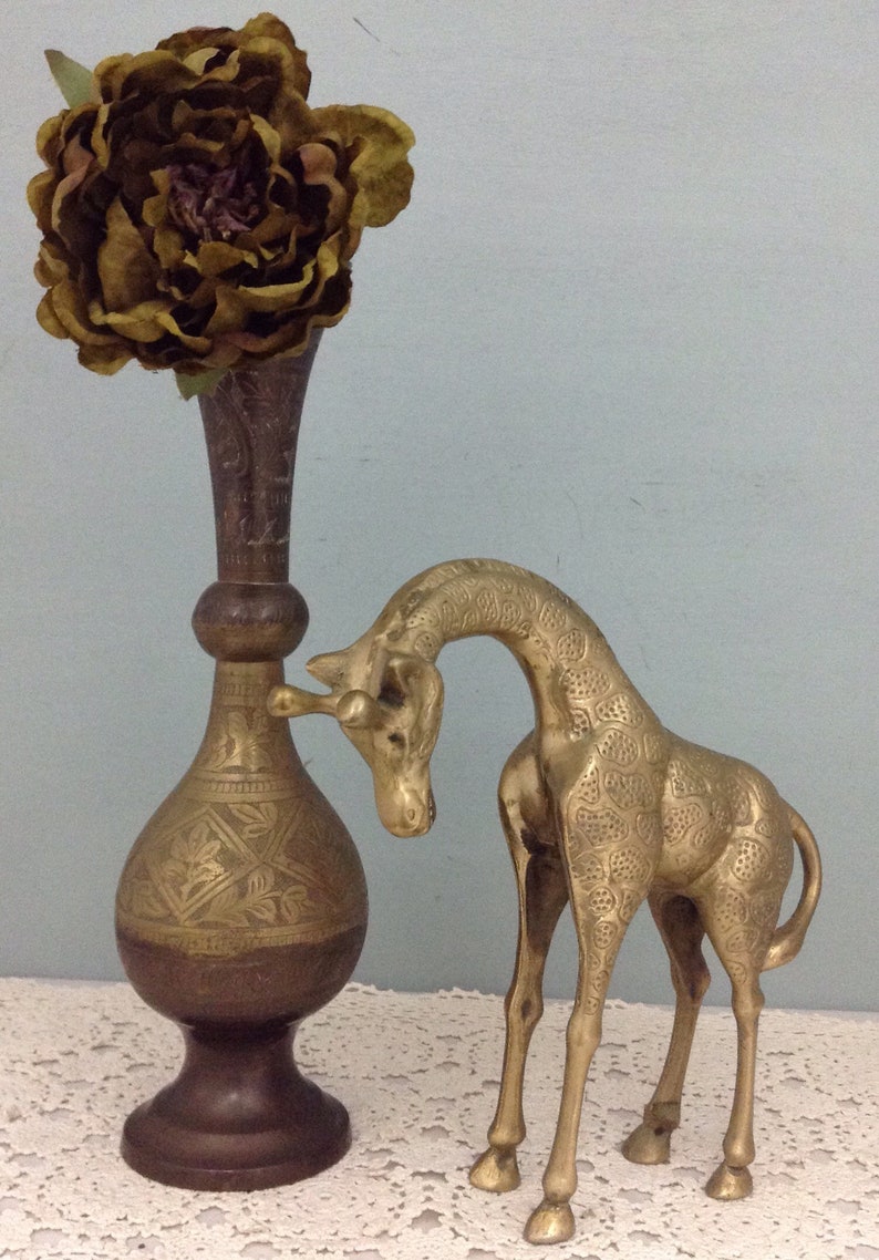 Tall Solid Brass Etched Vase Vintage Brass Skinny Vase Etsy