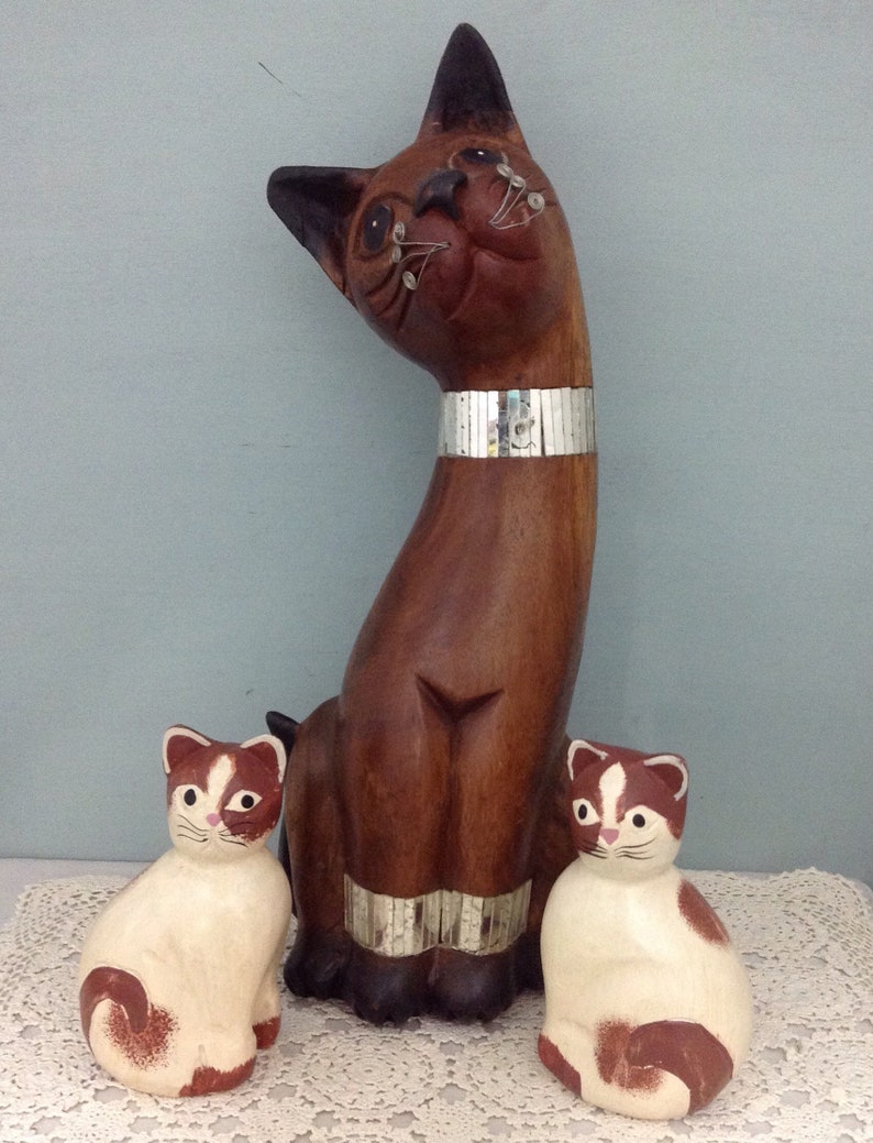 Midcentury Cat Statue Wood Cat Figurine Art Deco Cat Large Etsy