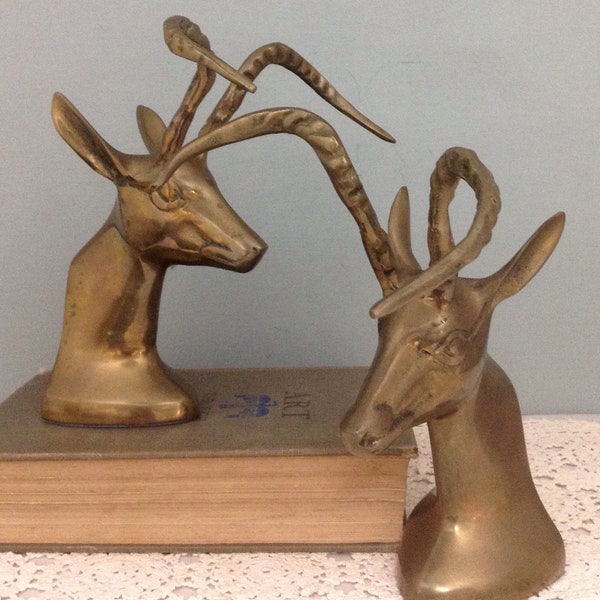 Brass Impala Bookends     Tribal Figurine Pair    Brass Gazelle Figurine  Vintage Brass Cabin Decor     Shelf Art