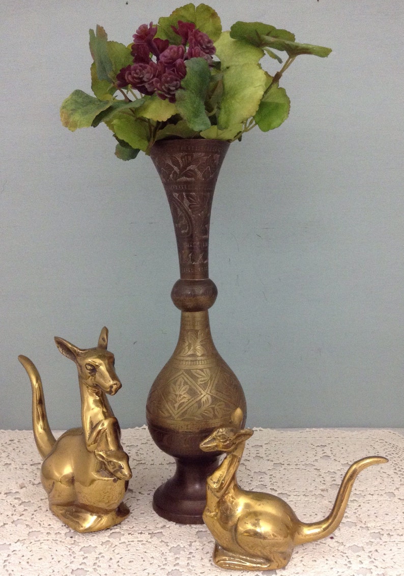 Tall Solid Brass Etched Vase Vintage Brass Skinny Vase Etsy