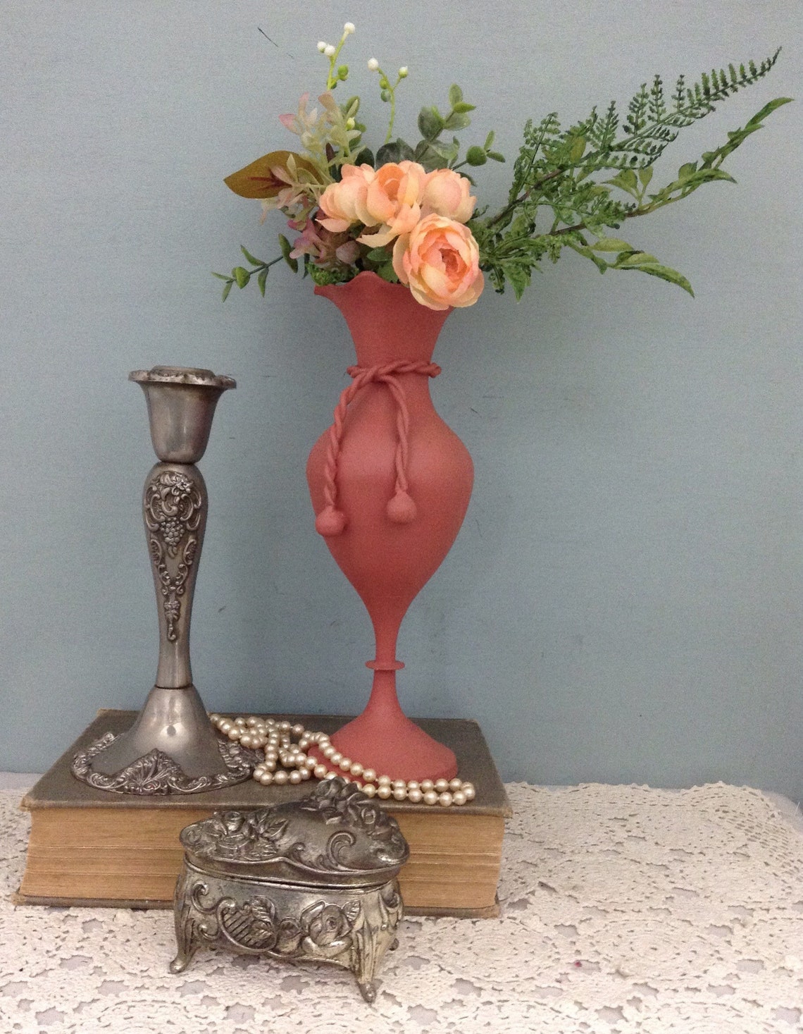 Farmhouse Painted Brass Vase Coral Color Vase Fluted Top Vase Etsy