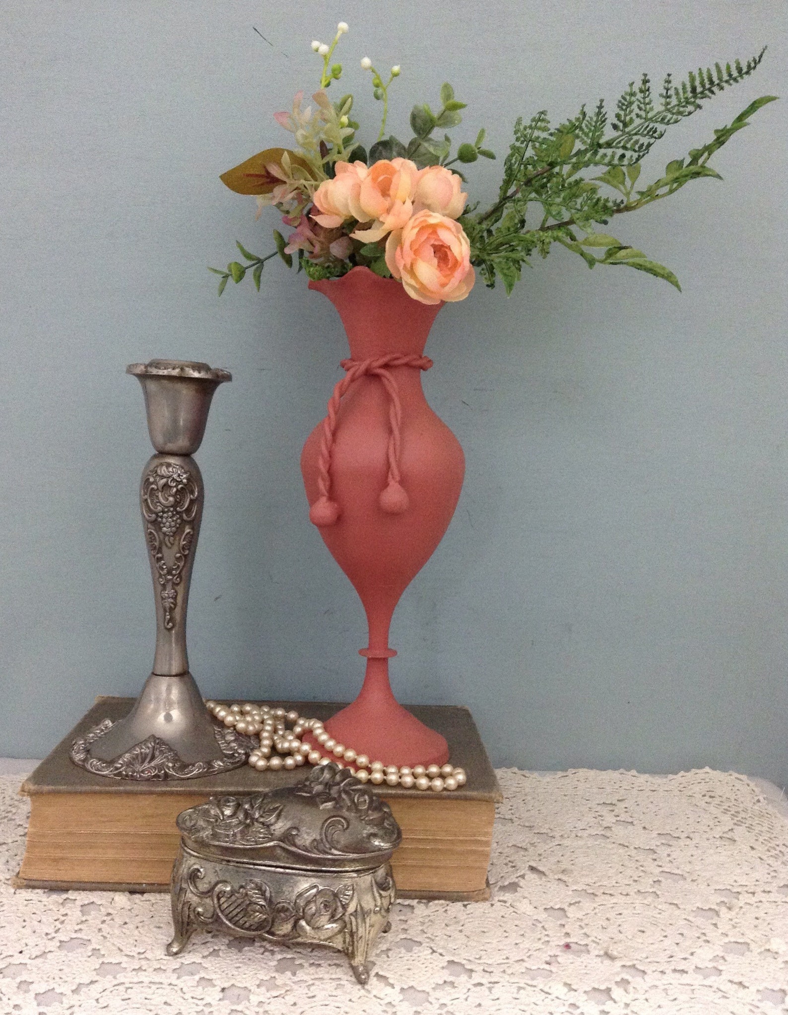 Farmhouse Painted Brass Vase Coral Color Vase Fluted Top Vase Etsy