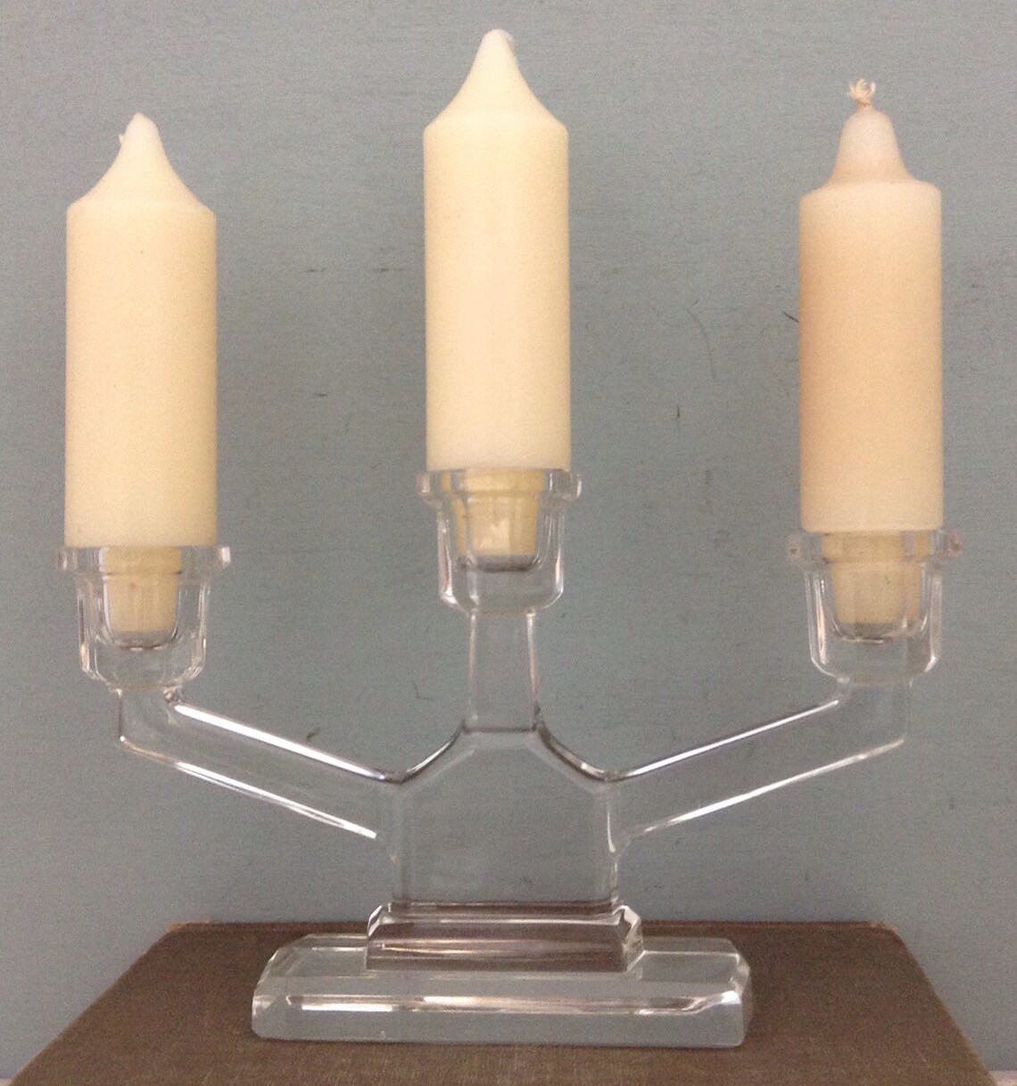 Art Deco Clear Glass Candleholder Pair 3 Candle Etsy