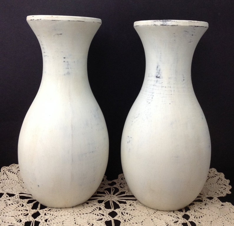 Vintage Wood Vase Pair Shabby Chic Vase Pair Vase Set White Etsy