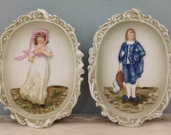 Lefton Handpainted Pinkie and Blue Boy      Blue Boy and Pinkie Wall Art     Porcelain Bisque Wall Plaques