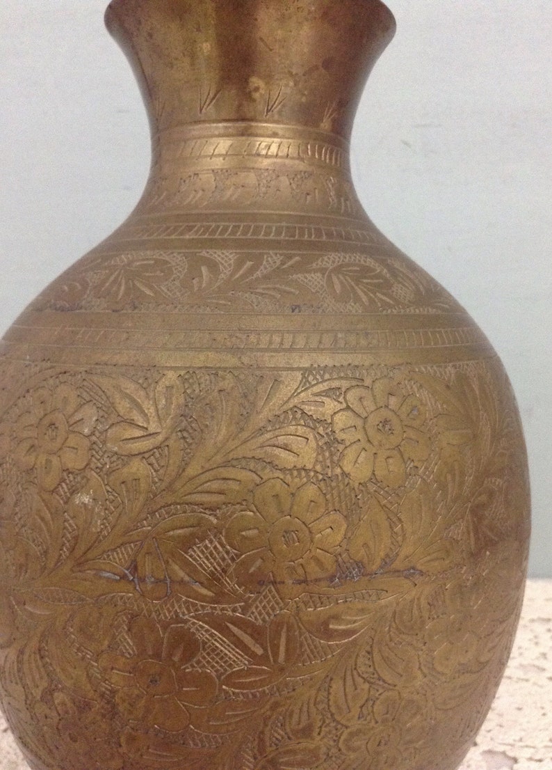 Solid Brass Urn Vase Vintage Etched Brass Vase 70s Vase 70s Etsy