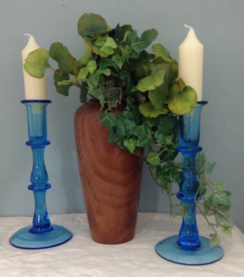 Handblown Blue Glass Candleholder Pair Tall Glass Candleholder Etsy