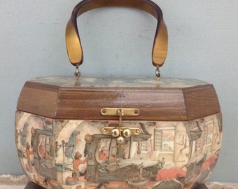 Anton Pieck Box Purse     Wood Box Purse    Decoupage Purse     Vintage Handbag     Groovy 70s Purse     Wood Storage Box