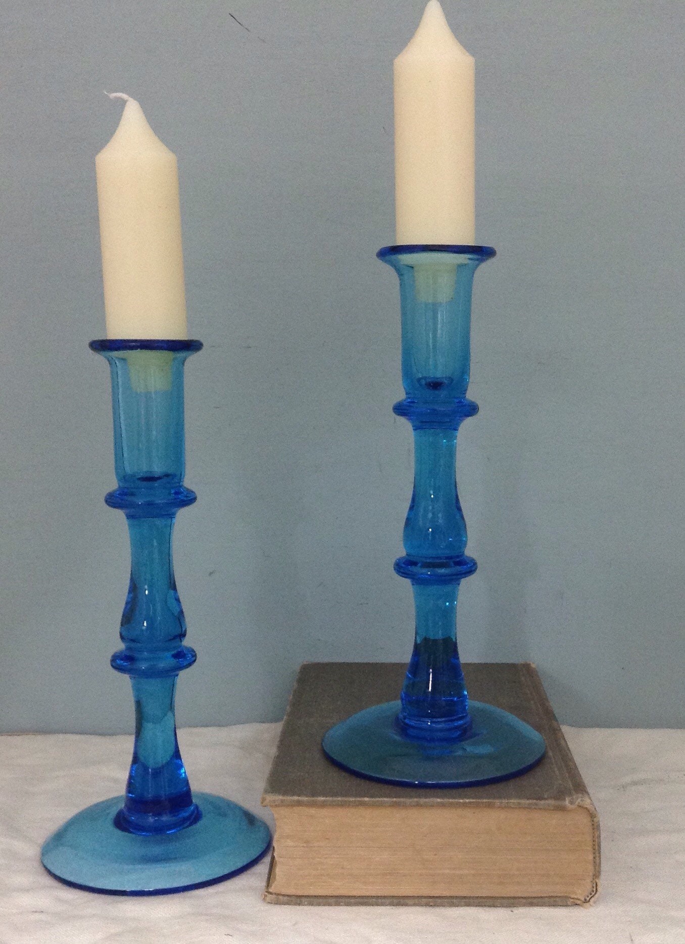 Handblown Blue Glass Candleholder Pair Tall Glass Candleholder Etsy
