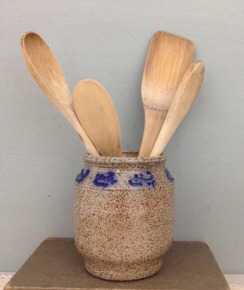 Salt Glazed Crock Utensil Holder Small Pottery Crock Pottery Etsy