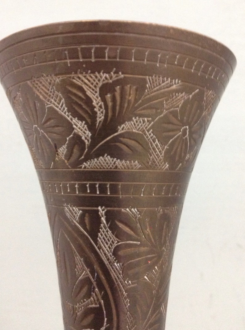 Tall Solid Brass Etched Vase Vintage Brass Skinny Vase Etsy
