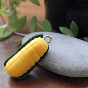 Yellow Corn Cob Vegetable Charms, Beads Handmade of Polymer Clay.  Available with Clip.  Farmers Market.