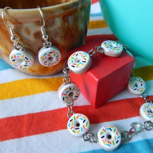 Donut Bracelet, Earrings Jewelry Set.  Handmade White Icing with Rainbow Sprinkles.