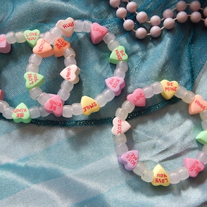 Conversation Heart Candy Beads, Kandi Bracelet with UV Activated Glow-in-the-Dark Pony Beads.  Great Jewelry Item for Valentine&#39;s Day!