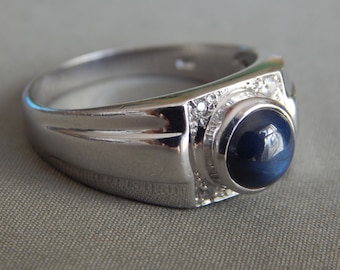 Bague Rétro Argentée Taille 53 Avec Gros Cabochon Bleu Saphir - Occasion état Impeccable