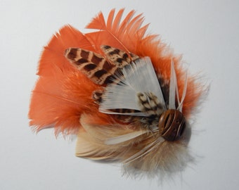 Handmade Orange, Tan and Natural Feather Hair Clip with Button