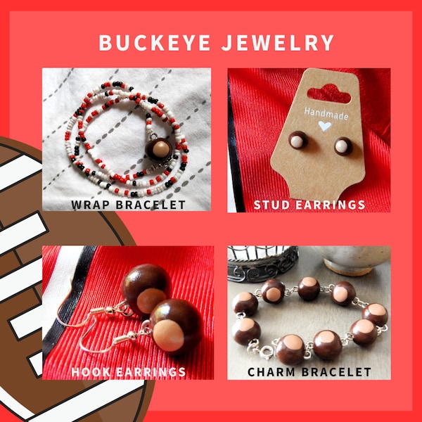 Buckeye Nut Jewelry, Handmade from Polymer Clay.  Charm Bracelet, Earrings, and Bead Wrap Bracelet.  Great for Ohio State Fans!