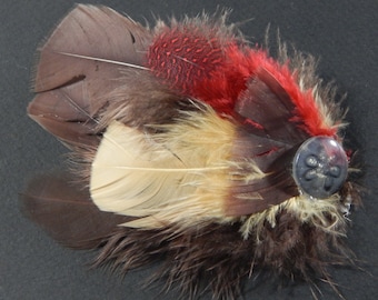 Handmade Red, Brown and Tan Feather Hair Clip with Button