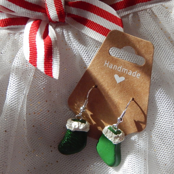Stocking Charm Green Santa Sock, Bead Handmade of Polymer Clay.  Available with Clip or as Earrings.  Great for the Christmas Holiday!